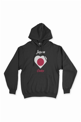 Osaka Japonya Bayraklı Kalpli Siyah Sweatshirt Hoodie