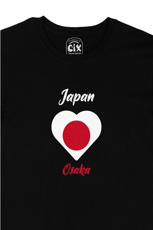 Osaka Japonya Bayraklı Kalpli Siyah Tişört