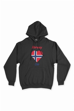 Oslo Norveç Bayraklı Kalpli Siyah Sweatshirt Hoodie