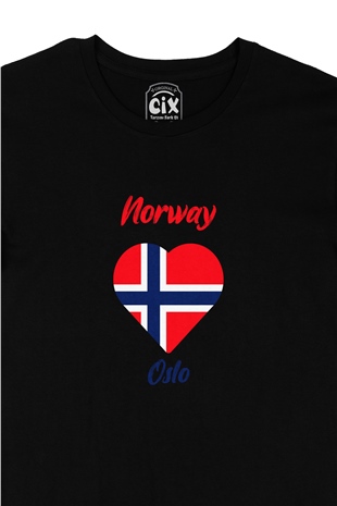 Oslo Norveç Bayraklı Kalpli Siyah Tişört