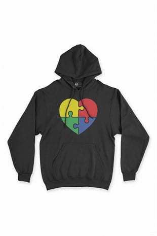 Otizm Renkli Kalp Siyah Kapşonlu Sweatshirt Hoodie