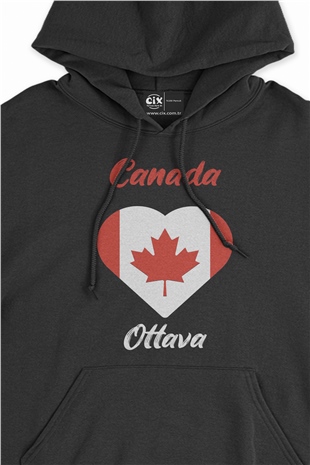 Ottava Canada Bayraklı Kalpli Siyah Sweatshirt Hoodie