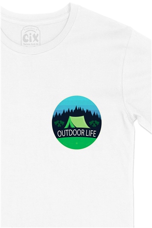 Outdoor Life Cep Logo Tasarımlı Beyaz Tişört