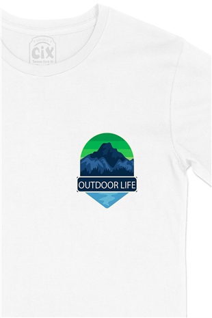 Outdoor Life Logolu Cep Logo Tasarımlı Beyaz Tişört