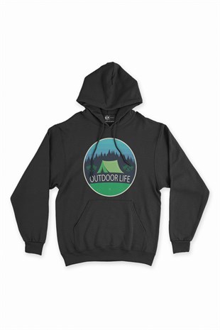 Outdoor Life Logolu Siyah Kapşonlu Sweatshirt Hoodie