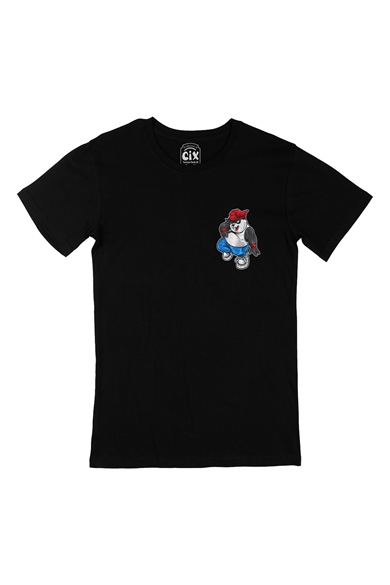 Oynayan Panda Cep Logo Tasarımlı Siyah Tişört