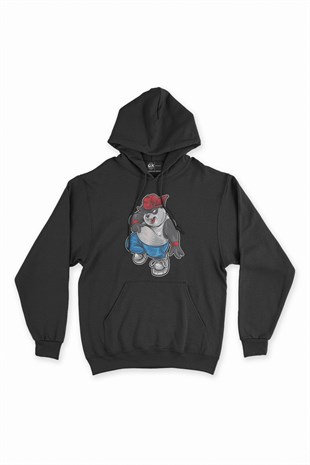 Oynayan Panda Siyah Kapşonlu Sweatshirt Hoodie