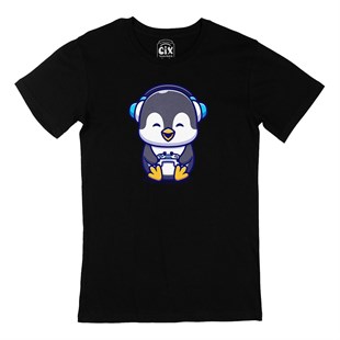 Oyuncu Penguen Siyah Tişört