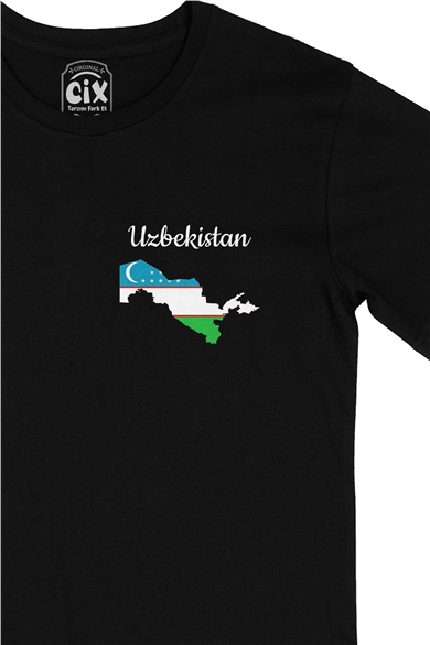 Özbekistan Haritalı ve Bayraklı Cep Logo Tasarımlı Siyah Tişört