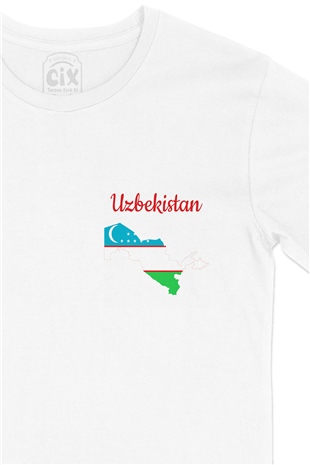 Özbekistan Haritalı ve Bayraklı Cep Logo Tasarımlı Beyaz Tişört