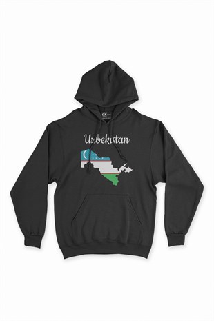 Özbekistan Haritalı ve Bayraklı Siyah Kapşonlu Sweatshirt Hoodie