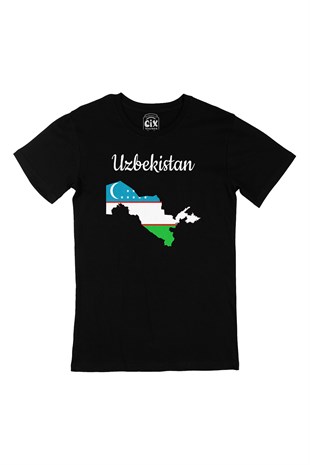 Özbekistan Haritalı ve Bayraklı Siyah Tişört