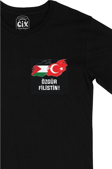 Özgür Filistin Siyah  Cep Logo Tasarımlı Siyah Tişört