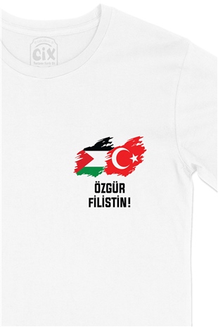 Özgür Filistin Tişört Cep Logo Tasarımlı Beyaz Tişört