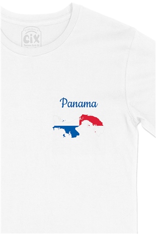 Panama Haritalı ve Bayraklı Cep Logo Tasarımlı Beyaz Tişört