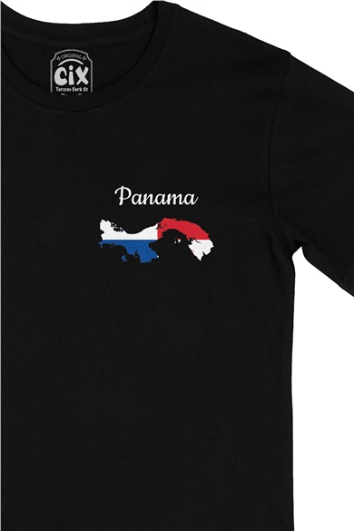 Panama Haritalı ve Bayraklı Cep Logo Tasarımlı Siyah Tişört