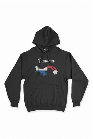 Panama Haritalı ve Bayraklı Siyah Kapşonlu Sweatshirt Hoodie