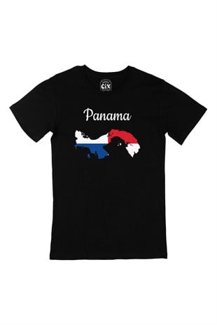 Panama Haritalı ve Bayraklı Siyah Tişört