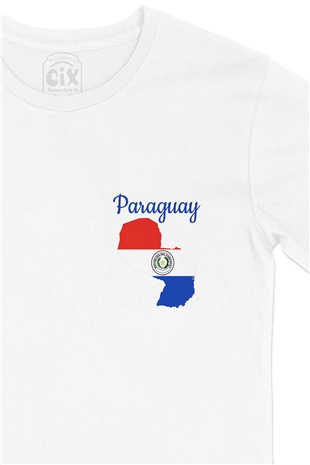 Paraguay Haritalı ve Bayraklı Cep Logo Tasarımlı Beyaz Tişört