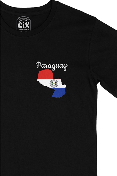 Paraguay Haritalı ve Bayraklı Cep Logo Tasarımlı Siyah Tişört