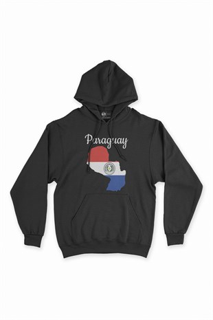Paraguay Haritalı ve Bayraklı Siyah Kapşonlu Sweatshirt Hoodie