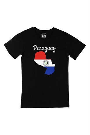 Paraguay Haritalı ve Bayraklı Siyah Tişört