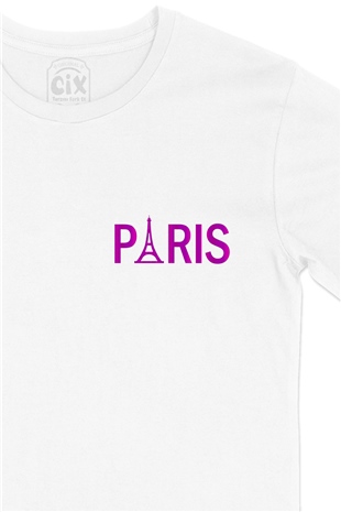 Paris Eyfel Cep Logo Tasarımlı Beyaz Tişört
