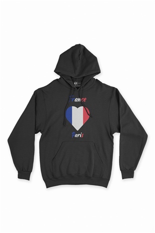 Paris Fransa Bayraklı Kalpli Siyah Sweatshirt Hoodie