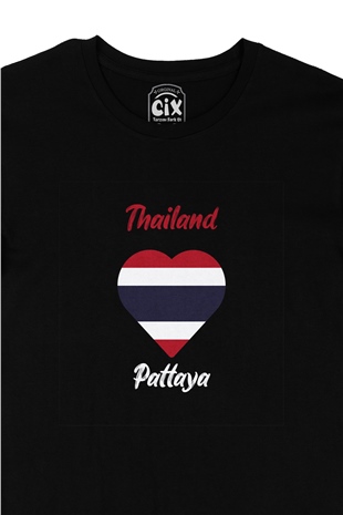Pattaya Tayland Bayraklı Kalpli Siyah Tişört
