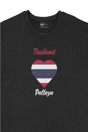 Pattaya Tayland Bayraklı Kalpli Siyah Sweatshirt