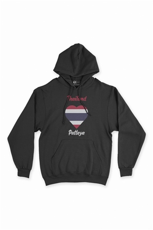 Pattaya Tayland Bayraklı Kalpli Siyah Sweatshirt Hoodie