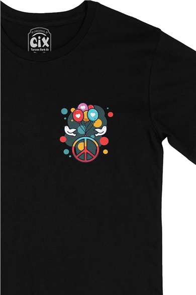 Peace And Love Cep Logo Tasarımlı Siyah Tişört