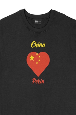 Pekin Çin Bayraklı Kalpli Siyah Sweatshirt
