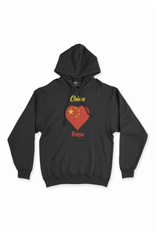 Pekin Çin Bayraklı Kalpli Siyah Sweatshirt Hoodie