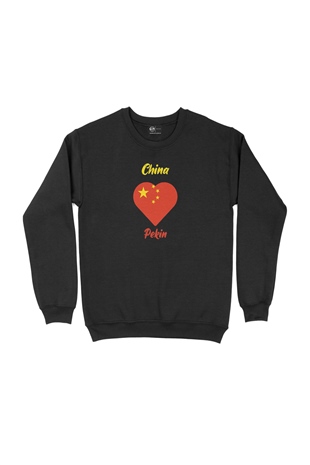 Pekin Çin Bayraklı Kalpli Siyah Sweatshirt