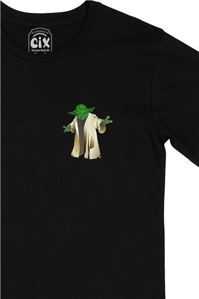 Pelerinli Yoda Star Wars Cep Logo Tasarımlı Siyah Tişört