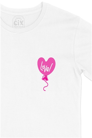 Pembe Aşk Balonu Cep Logo Tasarımlı Beyaz Tişört