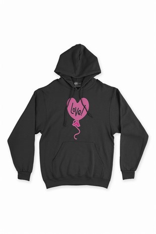 Pembe Aşk Balonu Siyah Kapşonlu Sweatshirt Hoodie