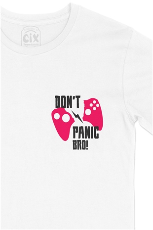 Pembe Dont Panic Bro Cep Logo Tasarımlı Beyaz Tişört