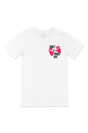 Pembe Dont Panic Bro Cep Logo Tasarımlı Beyaz Tişört