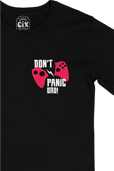 Pembe Dont Panic Bro Cep Logo Tasarımlı Siyah Tişört