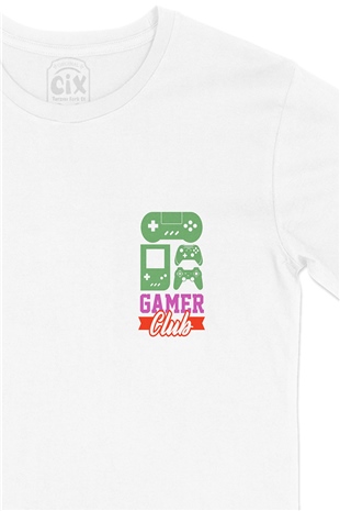 Pembe Gamer Club Cep Logo Tasarımlı Beyaz Tişört
