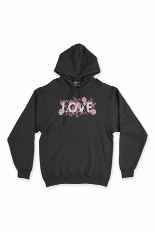 Pembe Güllü Aşk Siyah Kapşonlu Sweatshirt Hoodie