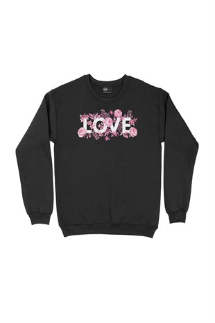 Pembe Güllü Aşk Siyah Sweatshirt
