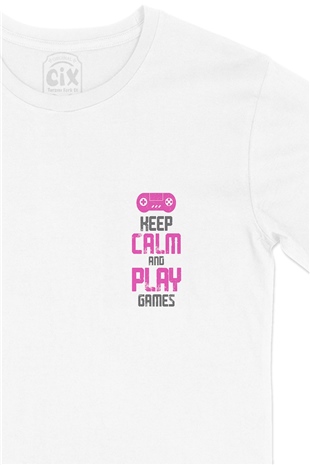 Pembe Keep Calm Play Game Cep Logo Tasarımlı Beyaz Tişört