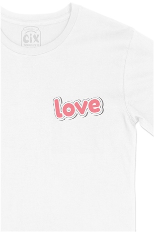 Pembe Love Yazılı Cep Logo Tasarımlı Beyaz Tişört