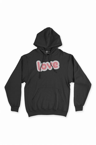 Pembe Love Yazılı Siyah Kapşonlu Sweatshirt Hoodie