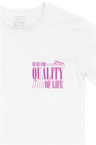 Pembe Music For Quality OF Life Cep Logo Tasarımlı Beyaz Tişört