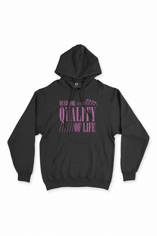 Pembe Music For Quality OF Life Siyah Kapşonlu Sweatshirt Hoodie