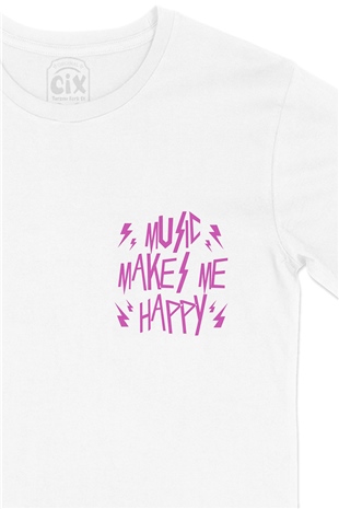 Pembe Music Makes Me Happy Cep Logo Tasarımlı Beyaz Tişört